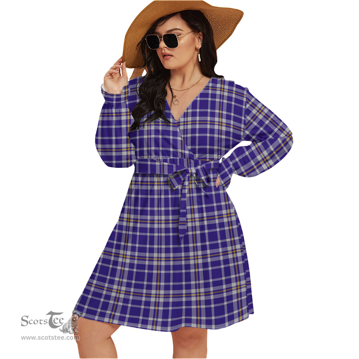 Scottish Ochterlony Clan Tartan Womens V-neck Dress With Waistband Tartan Dress Plus Size