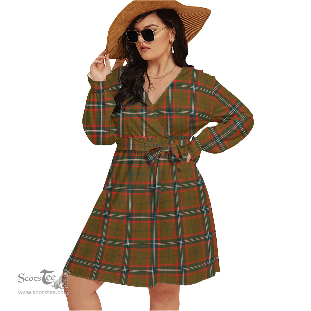 Scottish Seton Hunting Modern Clan Tartan Womens V-neck Dress With Waistband Tartan Dress Plus Size