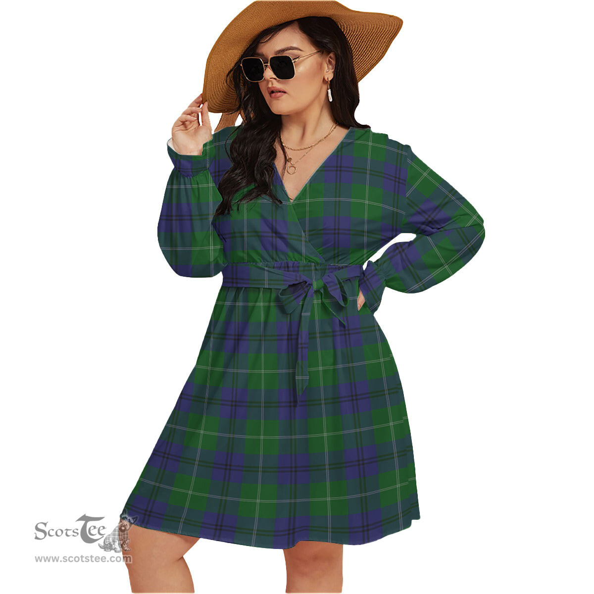 Scottish Oliphant Clan Tartan Womens V-neck Dress With Waistband Tartan Dress Plus Size