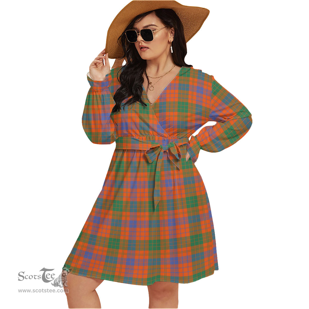 Scottish Ross Ancient Clan Tartan Womens V-neck Dress With Waistband Tartan Dress Plus Size