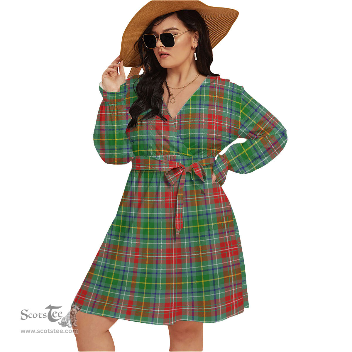 Scottish Muirhead Clan Tartan Womens V-neck Dress With Waistband Tartan Dress Plus Size