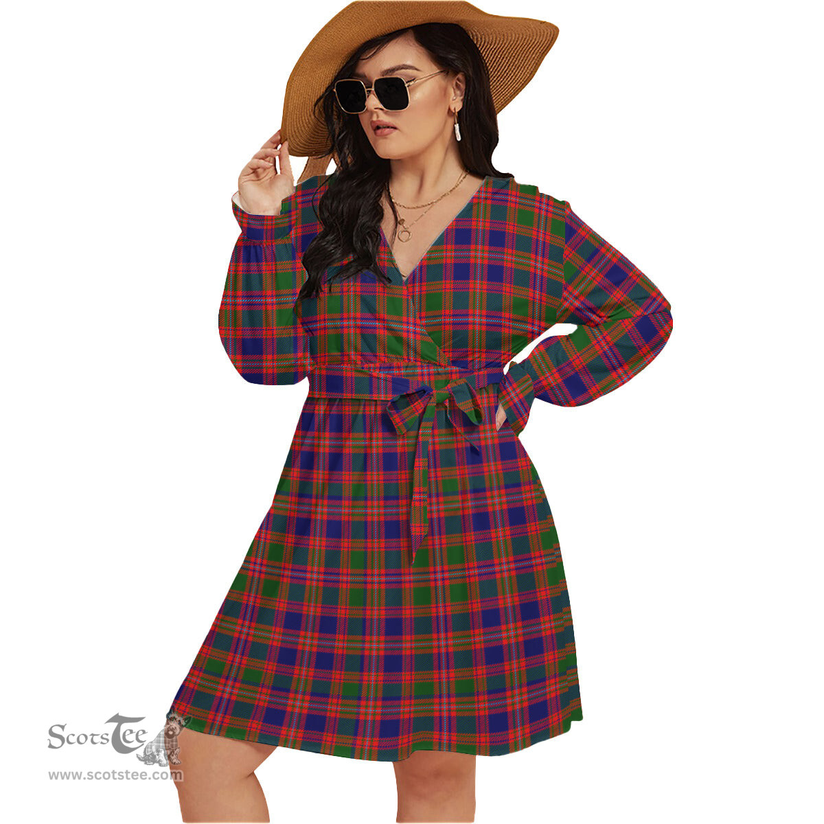 Scottish MacIntyre Modern Clan Tartan Womens V-neck Dress With Waistband Tartan Dress Plus Size