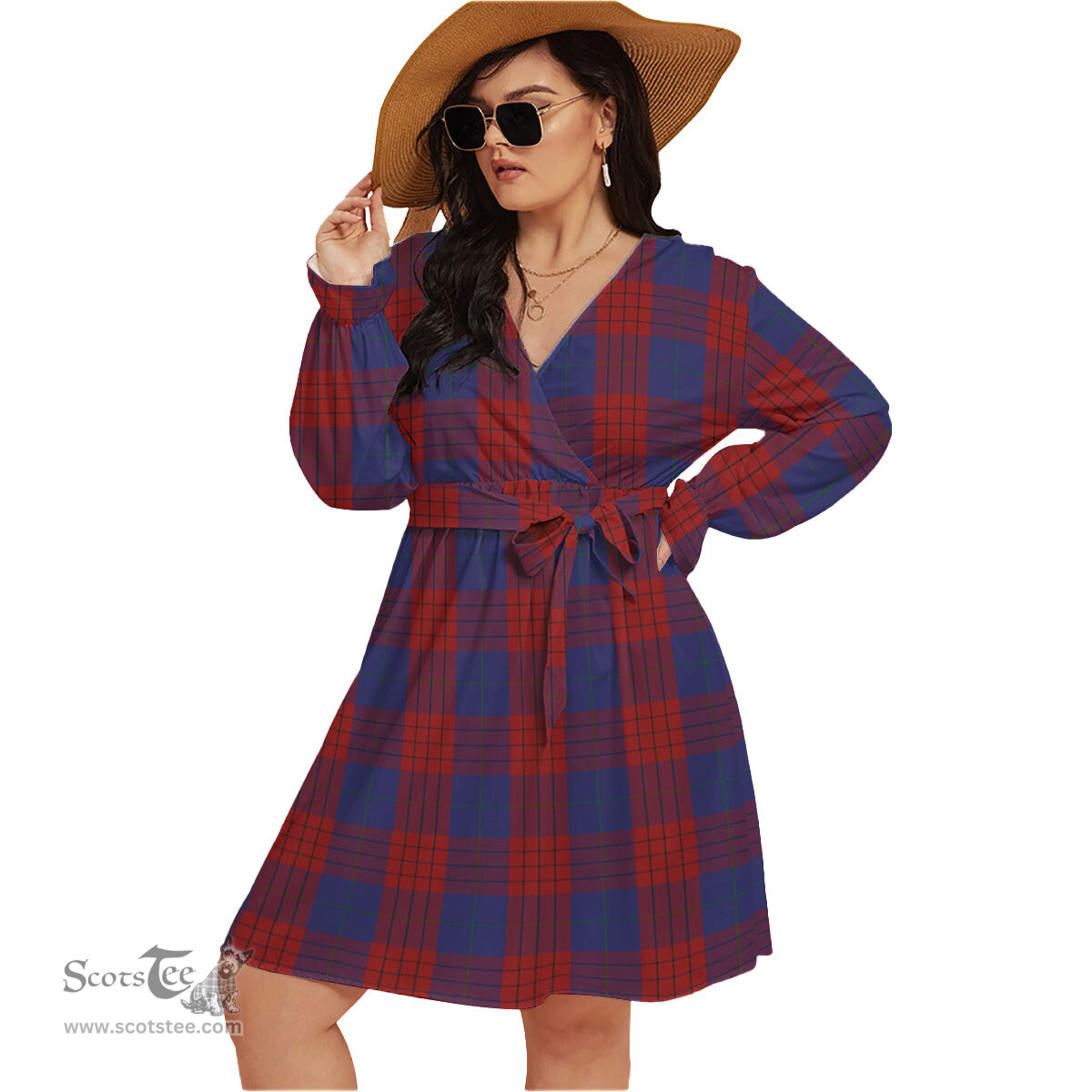 Scottish Robinson Clan Tartan Womens V-neck Dress With Waistband Tartan Dress Plus Size
