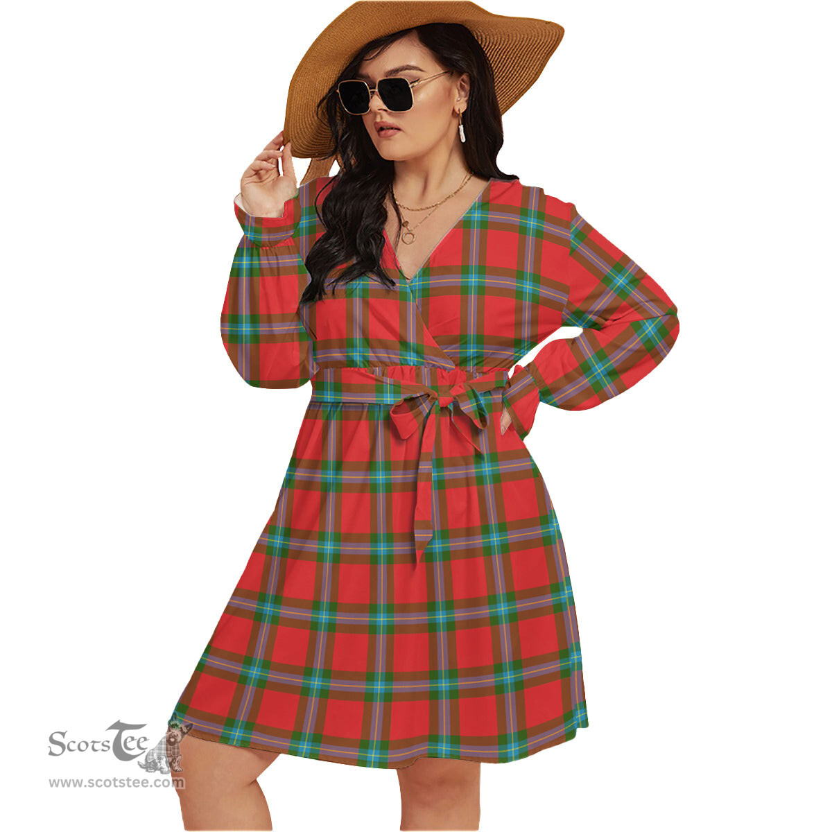 Scottish MacLaine of Loch Buie Clan Tartan Womens V-neck Dress With Waistband Tartan Dress Plus Size