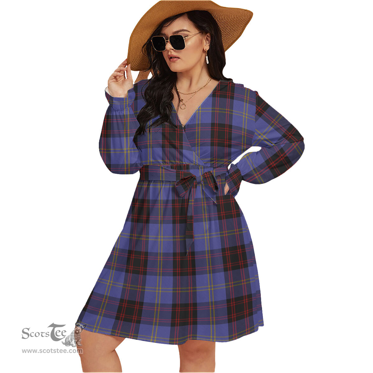 Scottish Rutherford Clan Tartan Womens V-neck Dress With Waistband Tartan Dress Plus Size