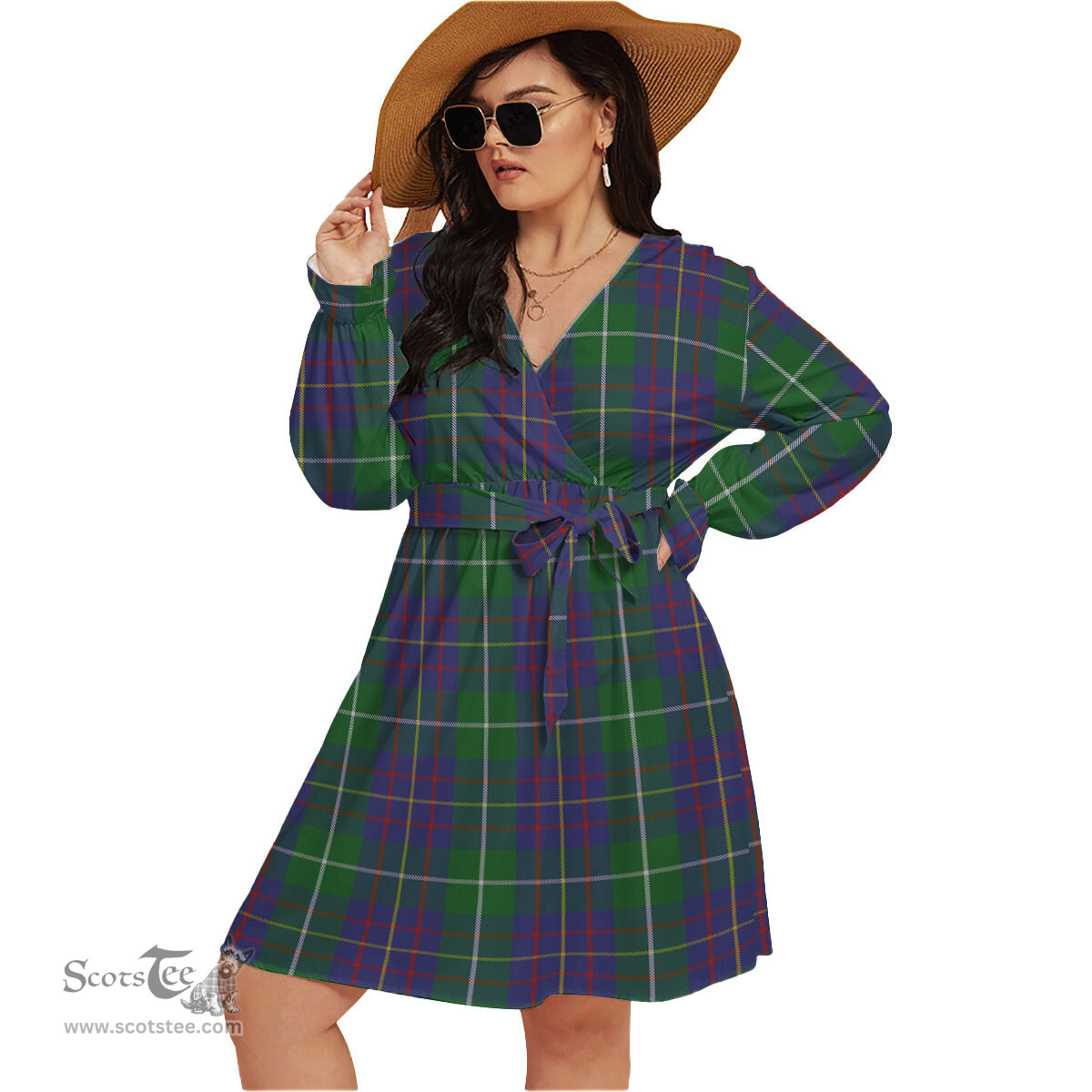 Scottish MacIntyre Inglis Clan Tartan Womens V-neck Dress With Waistband Tartan Dress Plus Size