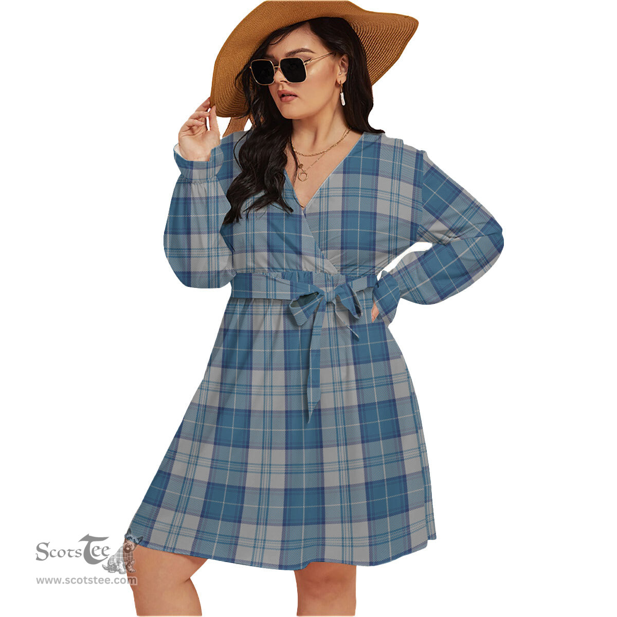 Scottish Menzies Dress Blue and White Clan Tartan Womens V-neck Dress With Waistband Tartan Dress Plus Size
