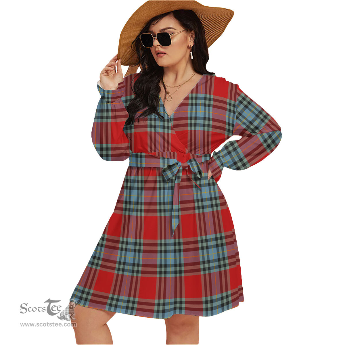 Scottish MacLeay Clan Tartan Womens V-neck Dress With Waistband Tartan Dress Plus Size