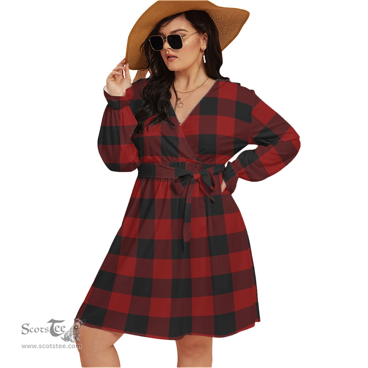 Scottish Rob Roy Macgregor Clan Tartan Womens V-neck Dress With Waistband Tartan Dress Plus Size