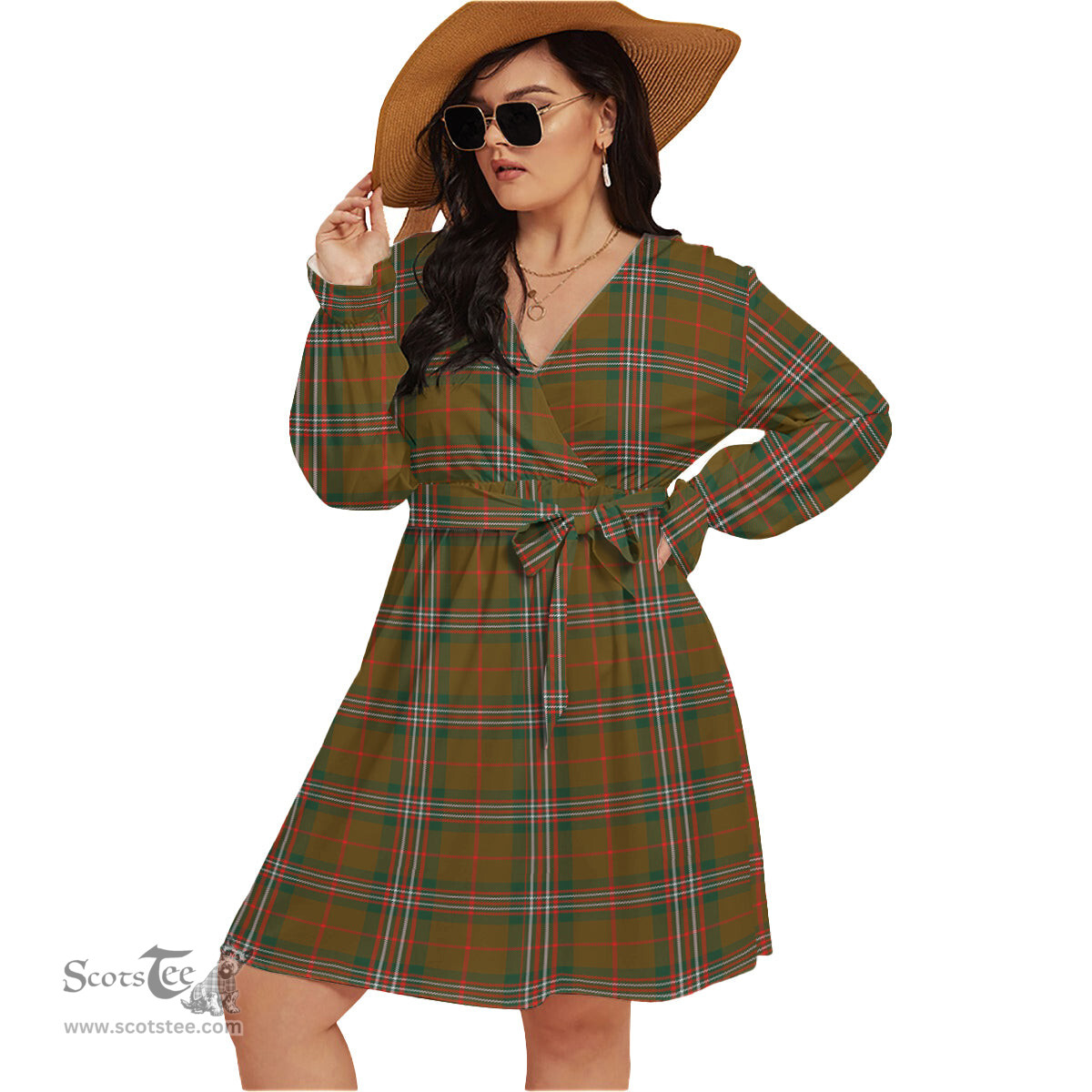Scottish Scott Brown Modern Clan Tartan Womens V-neck Dress With Waistband Tartan Dress Plus Size