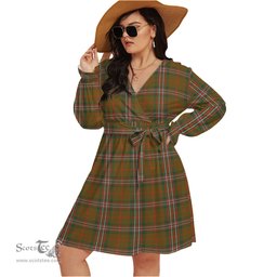 Scottish Scott Brown Modern Clan Tartan Womens V-neck Dress With Waistband Tartan Dress Plus Size