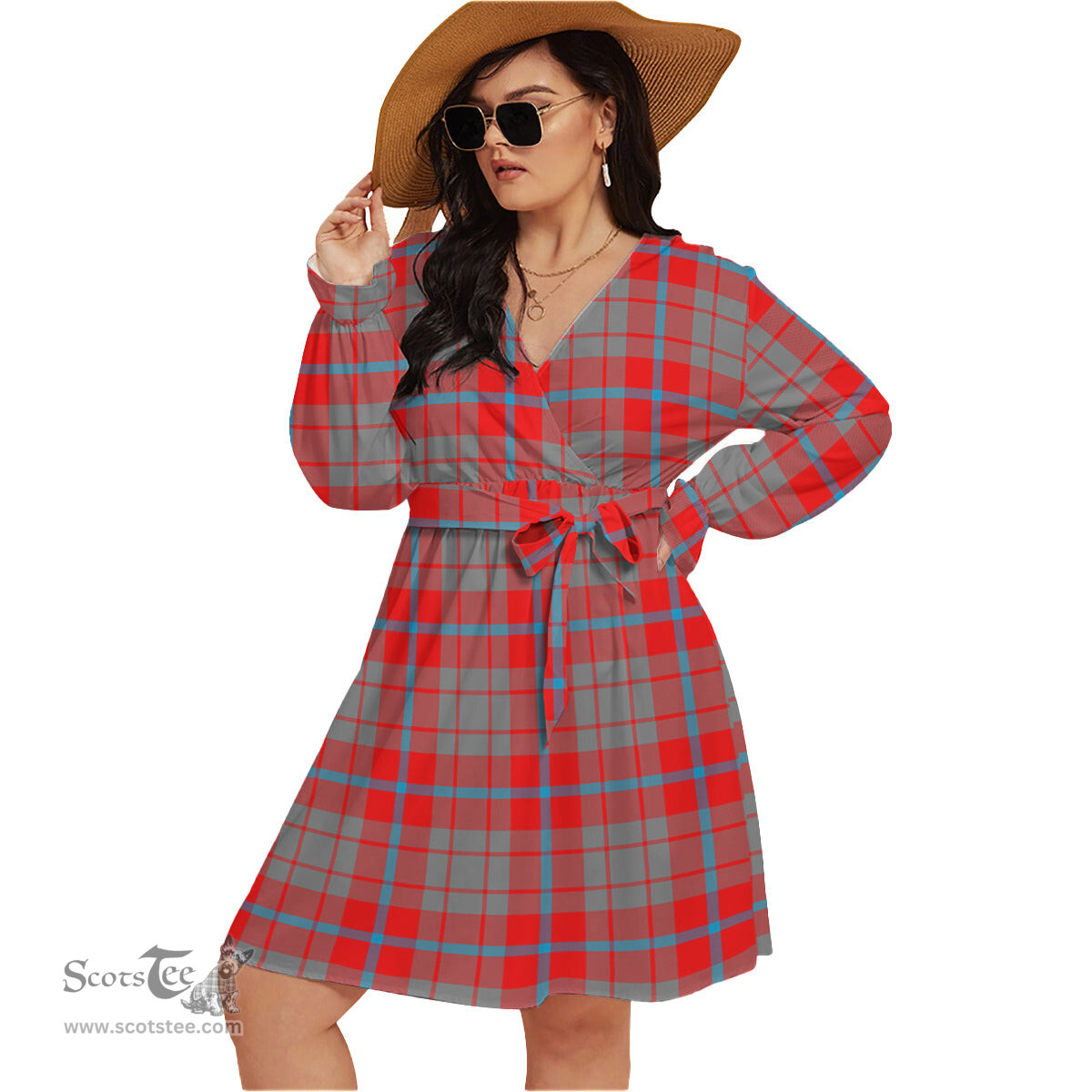 Scottish Moubray Clan Tartan Womens V-neck Dress With Waistband Tartan Dress Plus Size