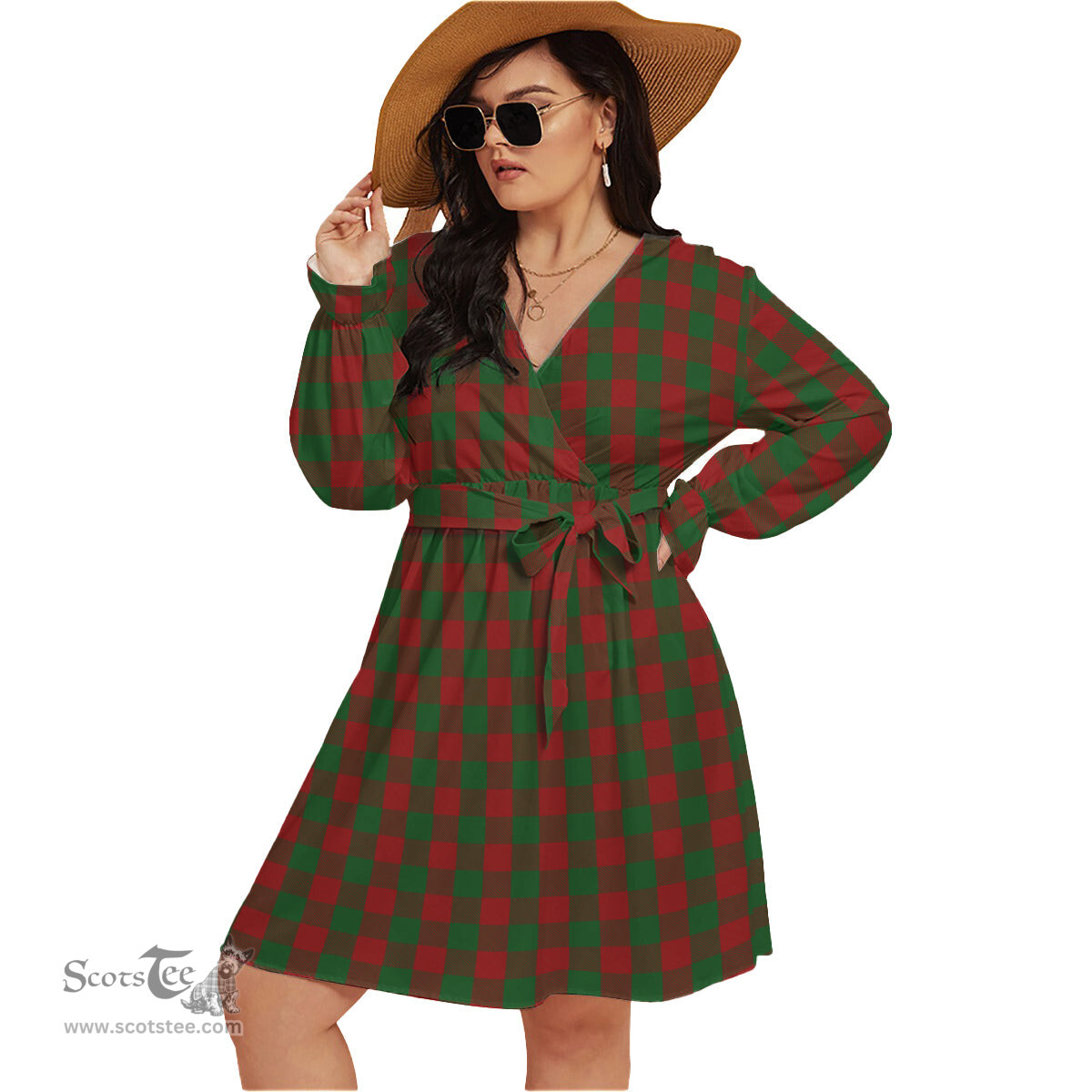 Scottish Moncrieff Clan Tartan Womens V-neck Dress With Waistband Tartan Dress Plus Size