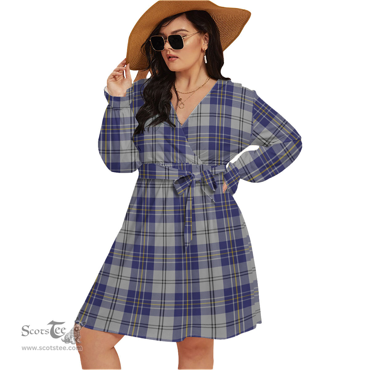 Scottish MacPherson Dress Blue Clan Tartan Womens V-neck Dress With Waistband Tartan Dress Plus Size