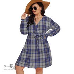 Scottish MacPherson Dress Blue Clan Tartan Womens V-neck Dress With Waistband Tartan Dress Plus Size
