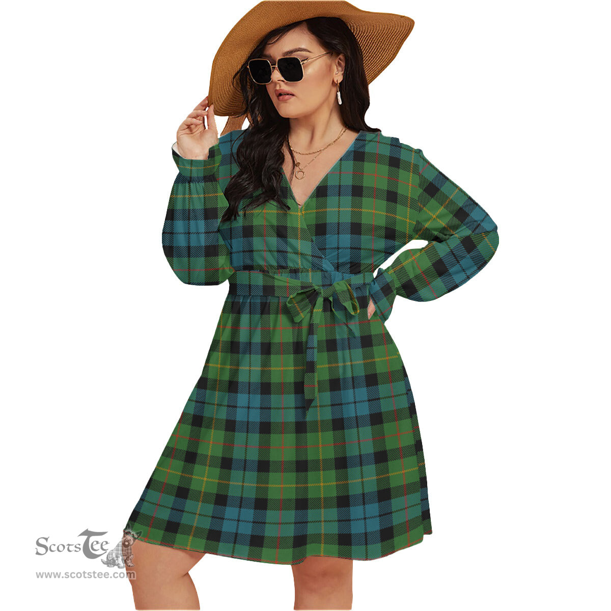 Scottish Rollo Ancient Clan Tartan Womens V-neck Dress With Waistband Tartan Dress Plus Size