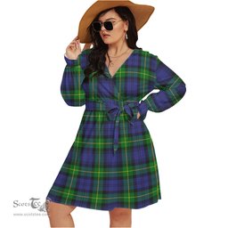 Scottish Meldrum Clan Tartan Womens V-neck Dress With Waistband Tartan Dress Plus Size