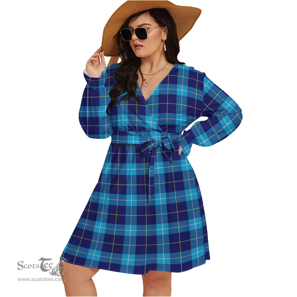 Scottish McKerrell Clan Tartan Womens V-neck Dress With Waistband Tartan Dress Plus Size