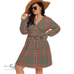 Scottish MacKinnon Ancient Clan Tartan Womens V-neck Dress With Waistband Tartan Dress Plus Size