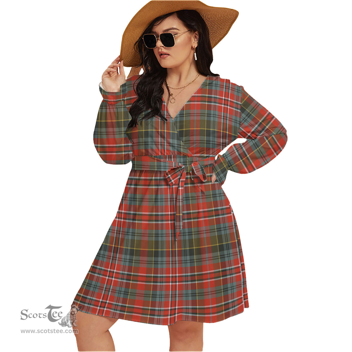 Scottish MacPherson Weathered Clan Tartan Womens V-neck Dress With Waistband Tartan Dress Plus Size