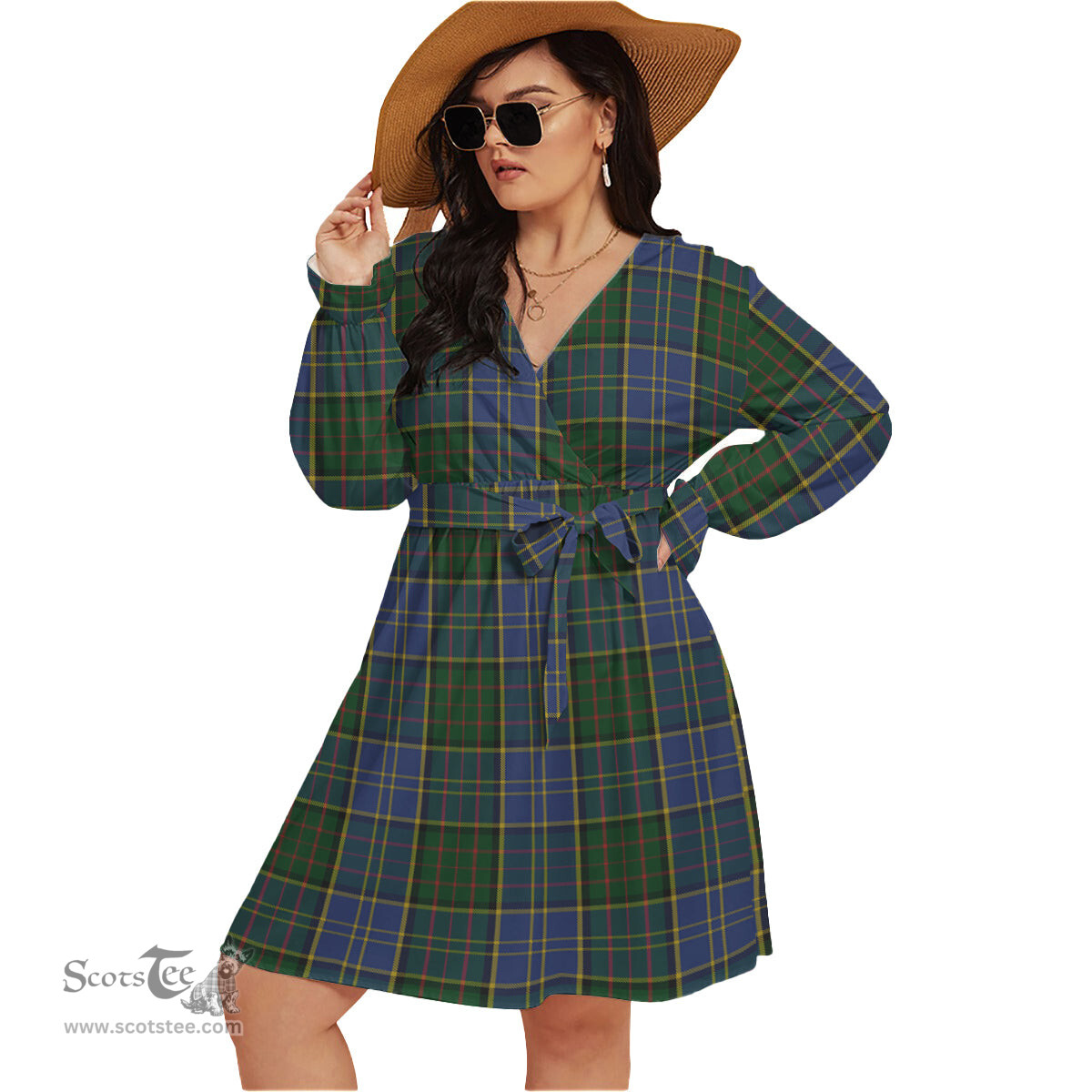 Scottish MacMillan Hunting Clan Tartan Womens V-neck Dress With Waistband Tartan Dress Plus Size