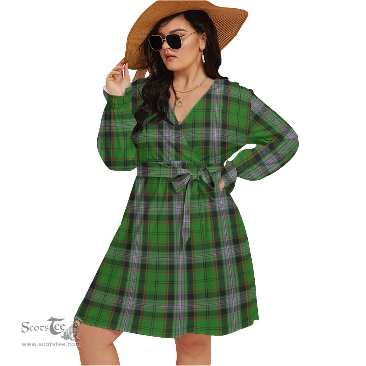 Scottish Moss Clan Tartan Womens V-neck Dress With Waistband Tartan Dress Plus Size
