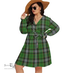 Scottish Moss Clan Tartan Womens V-neck Dress With Waistband Tartan Dress Plus Size