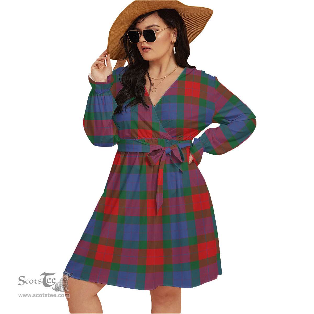 Scottish Mar Clan Tartan Womens V-neck Dress With Waistband Tartan Dress Plus Size