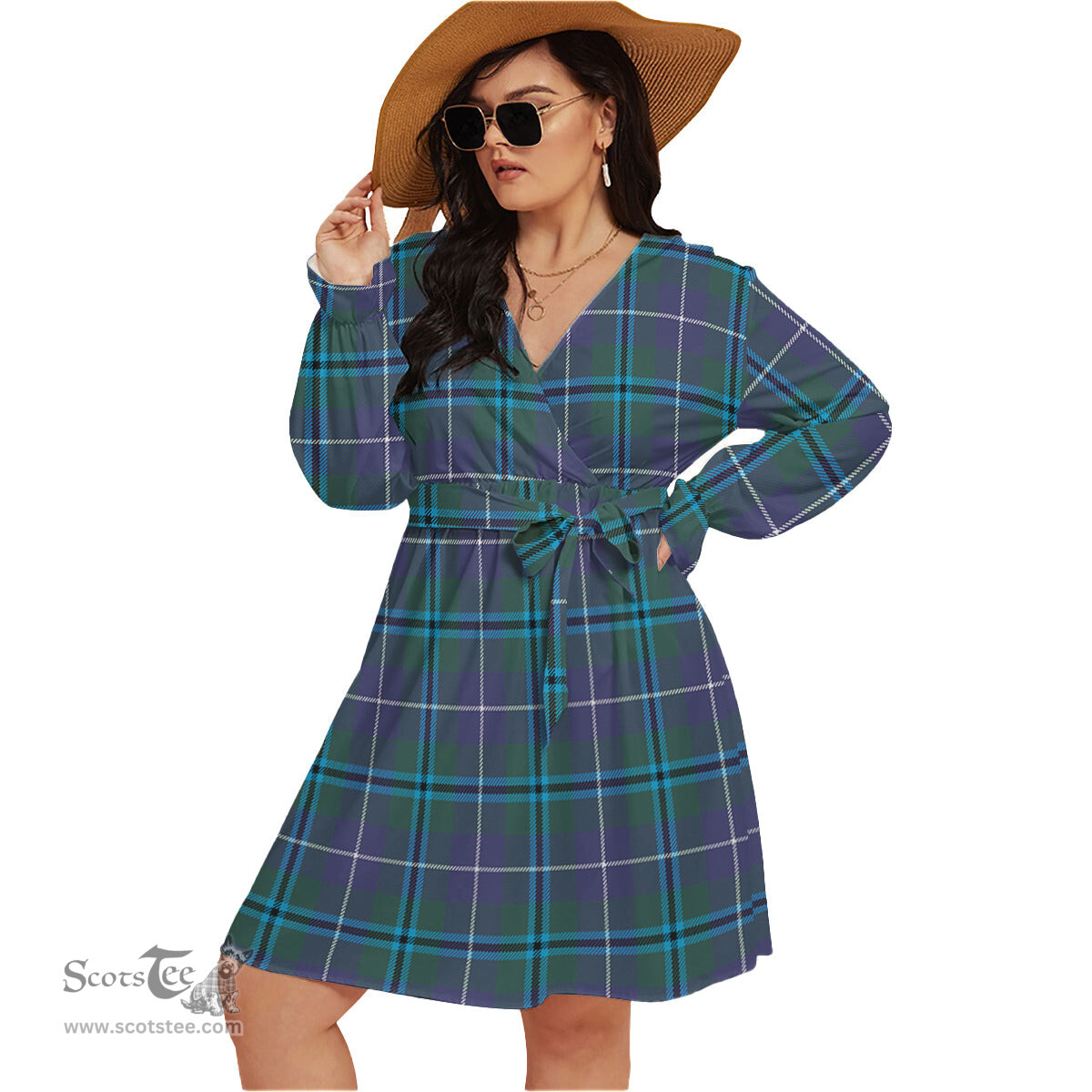 Scottish Sandilands Clan Tartan Womens V-neck Dress With Waistband Tartan Dress Plus Size