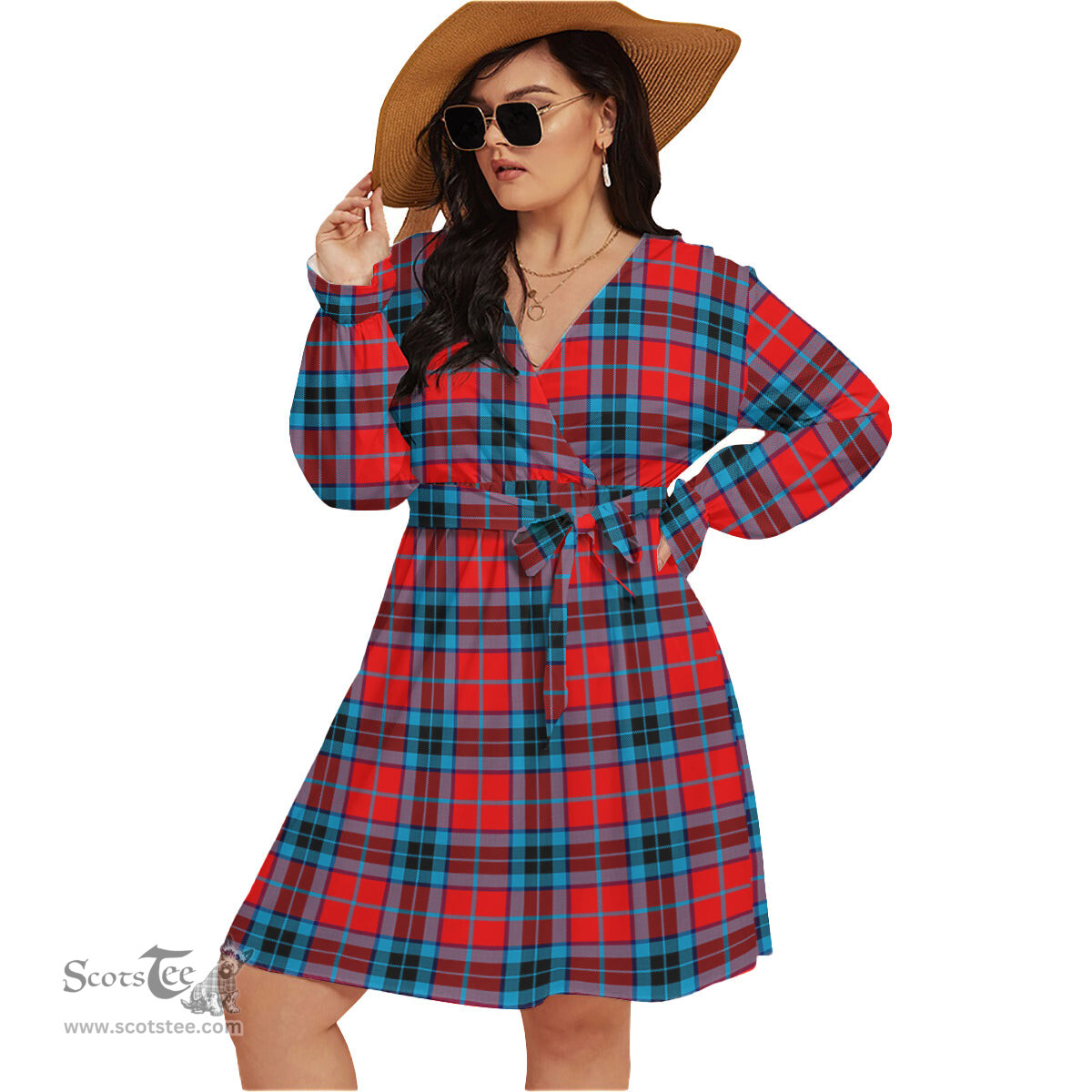 Scottish MacTavish Modern Clan Tartan Womens V-neck Dress With Waistband Tartan Dress Plus Size