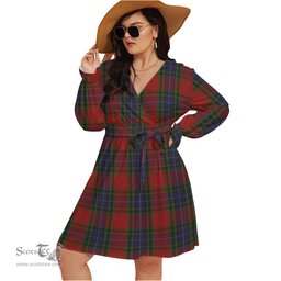 Scottish Manson Clan Tartan Womens V-neck Dress With Waistband Tartan Dress Plus Size