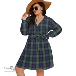 Scottish MacKenzie Hunting Green Clan Tartan Womens V-neck Dress With Waistband Tartan Dress Plus Size