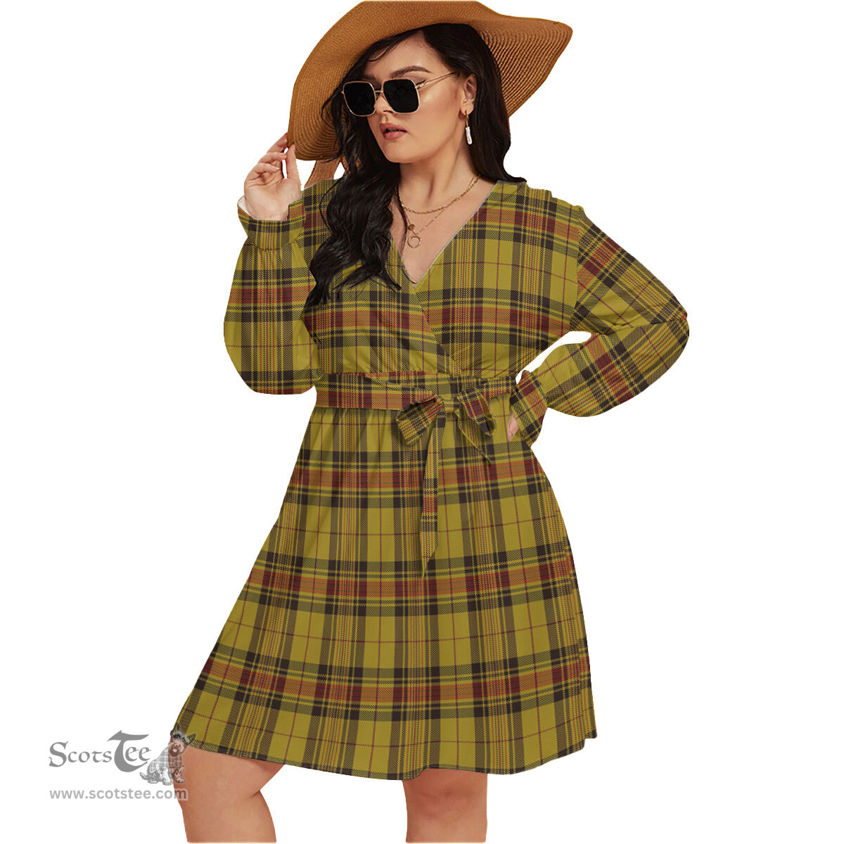 Scottish Morgan of Wales Clan Tartan Womens V-neck Dress With Waistband Tartan Dress Plus Size