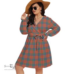 Scottish Robertson Ancient Clan Tartan Womens V-neck Dress With Waistband Tartan Dress Plus Size