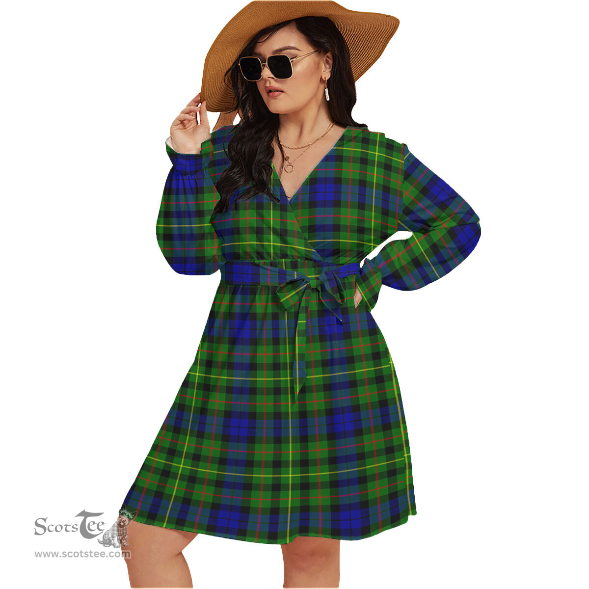 Scottish Rollo Modern Clan Tartan Womens V-neck Dress With Waistband Tartan Dress Plus Size