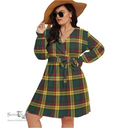Scottish MacMillan Old Modern Clan Tartan Womens V-neck Dress With Waistband Tartan Dress Plus Size