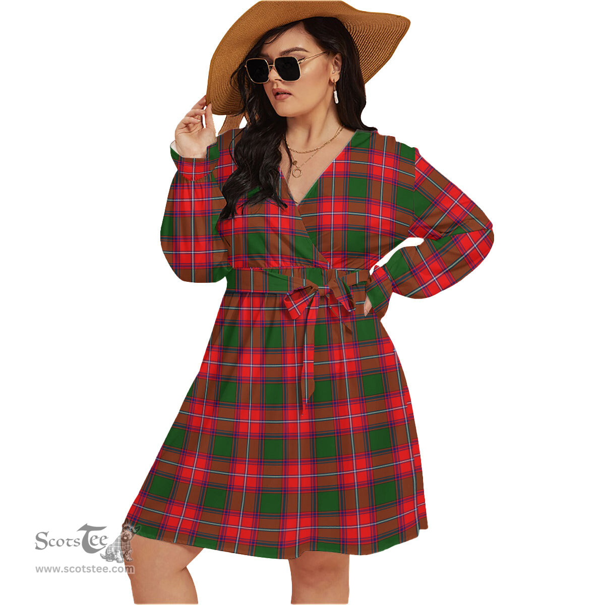 Scottish Rattray Modern Clan Tartan Womens V-neck Dress With Waistband Tartan Dress Plus Size