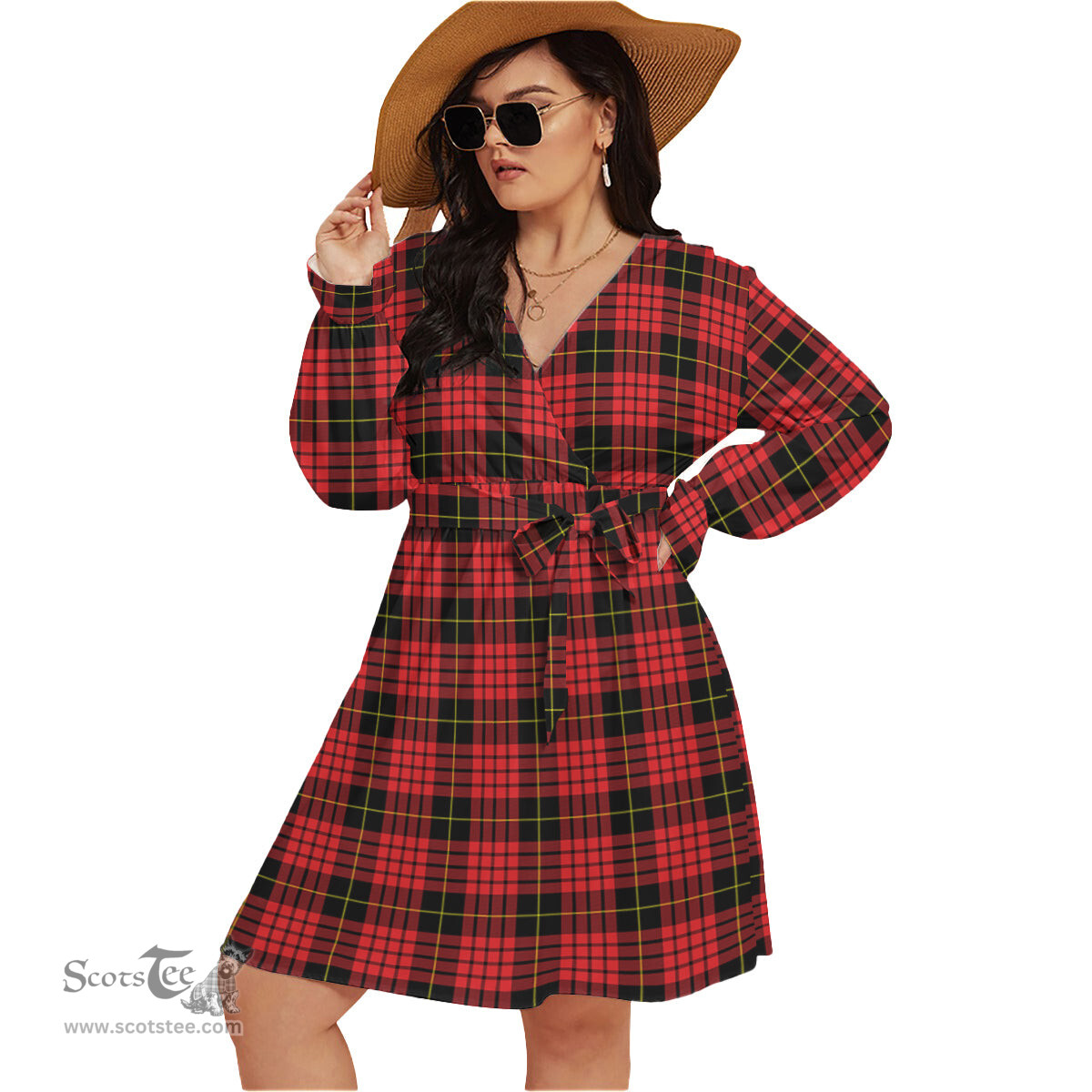 Scottish MacQueen Modern Clan Tartan Womens V-neck Dress With Waistband Tartan Dress Plus Size