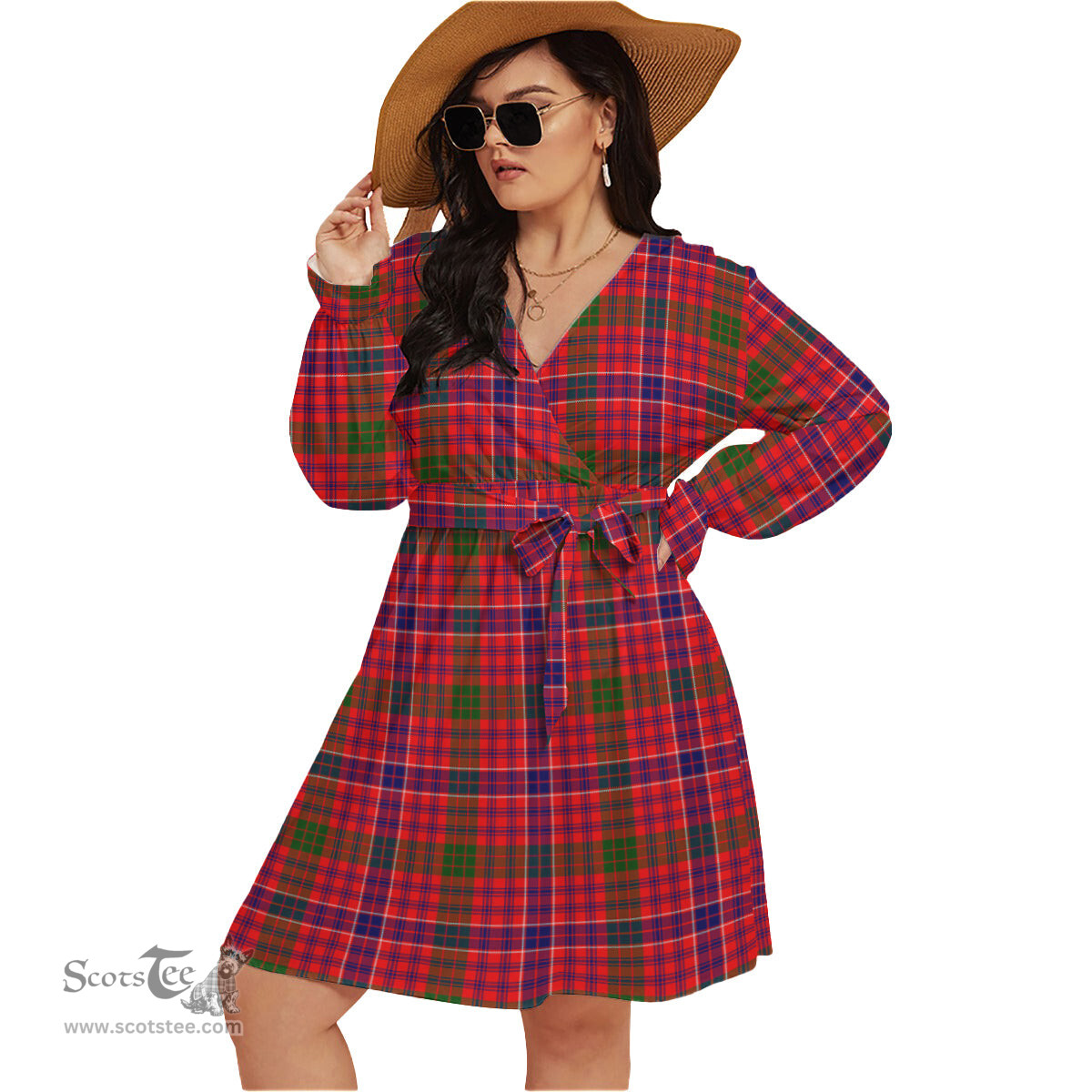 Scottish MacRae Modern Clan Tartan Womens V-neck Dress With Waistband Tartan Dress Plus Size