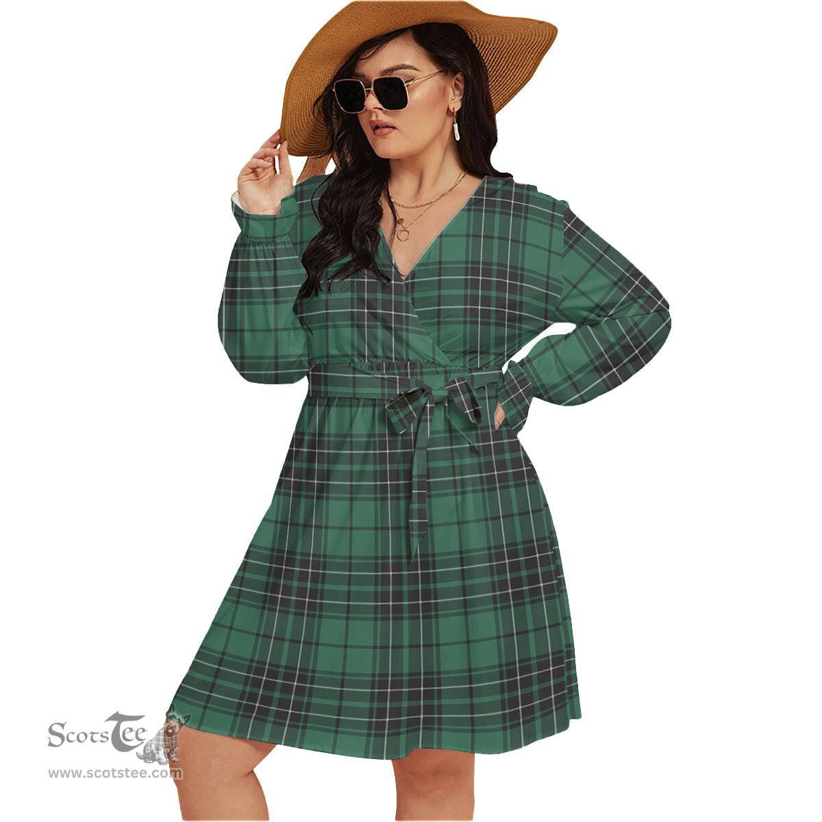 Scottish MacLean Hunting Ancient Clan Tartan Womens V-neck Dress With Waistband Tartan Dress Plus Size
