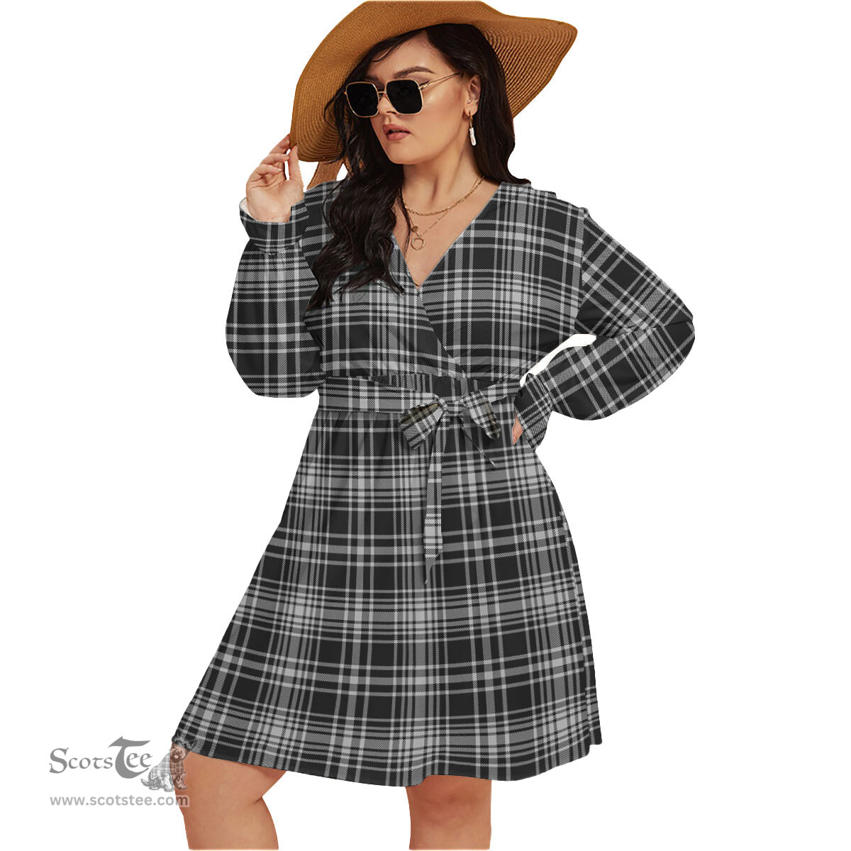 Scottish MacLean Black and White Clan Tartan Womens V-neck Dress With Waistband Tartan Dress Plus Size
