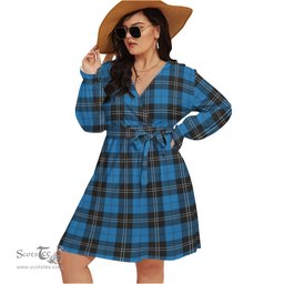 Scottish Ramsay Blue Ancient Clan Tartan Womens V-neck Dress With Waistband Tartan Dress Plus Size