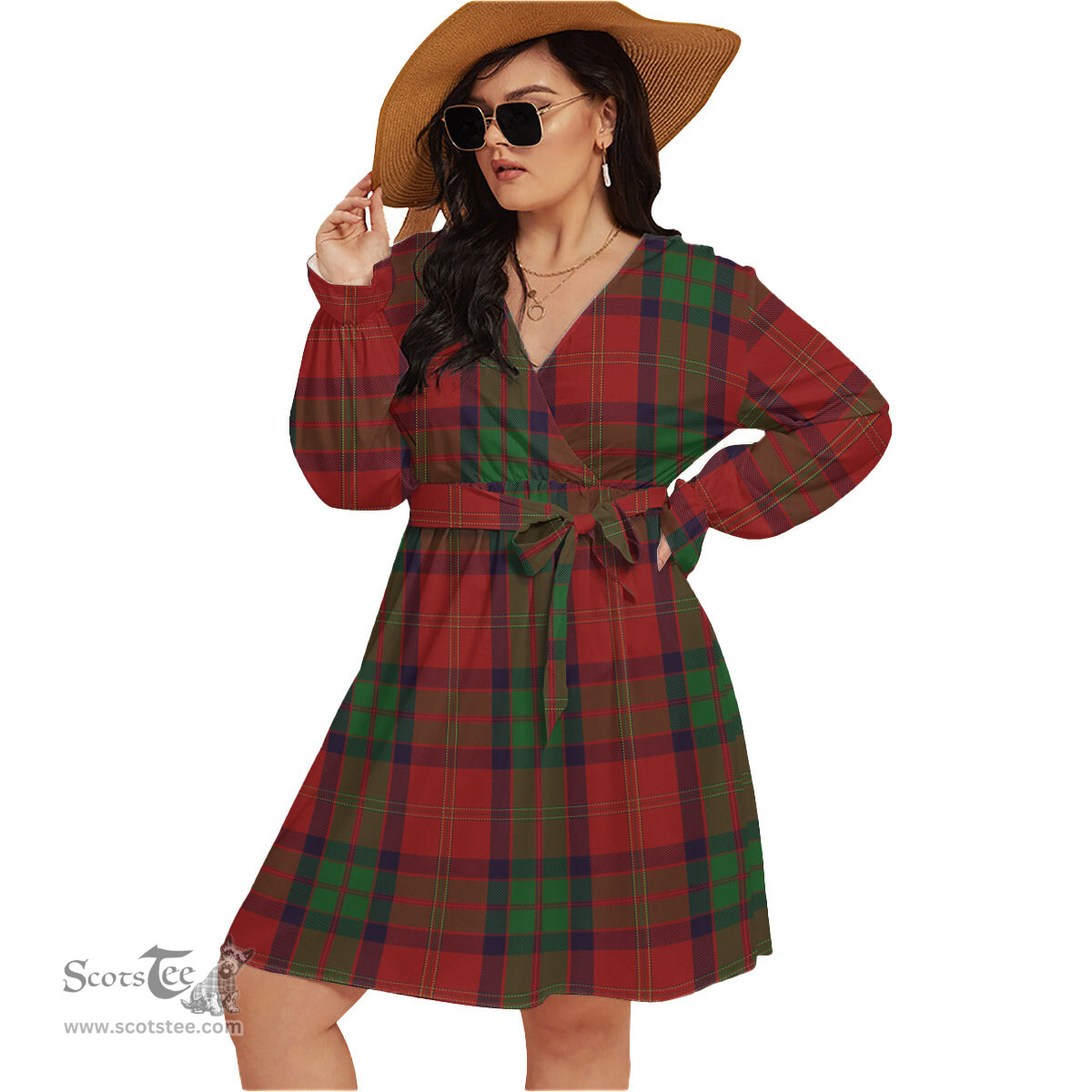 Scottish MacPherson of Cluny Clan Tartan Womens V-neck Dress With Waistband Tartan Dress Plus Size