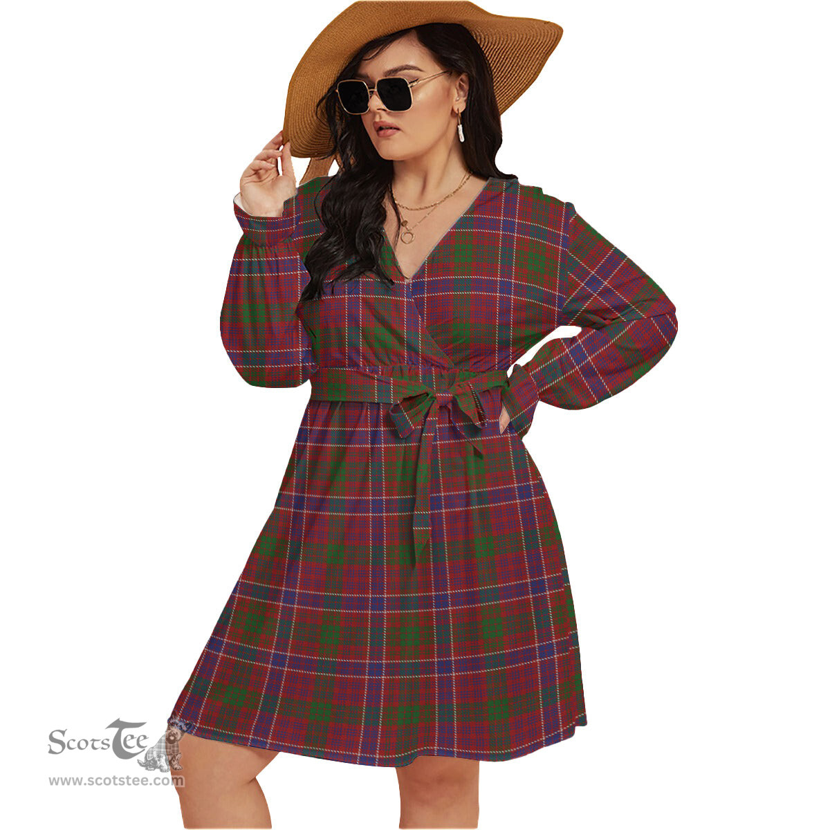 Scottish MacRae Red Clan Tartan Womens V-neck Dress With Waistband Tartan Dress Plus Size