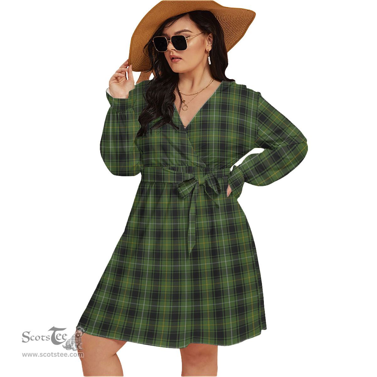 Scottish MacIver Hunting Clan Tartan Womens V-neck Dress With Waistband Tartan Dress Plus Size