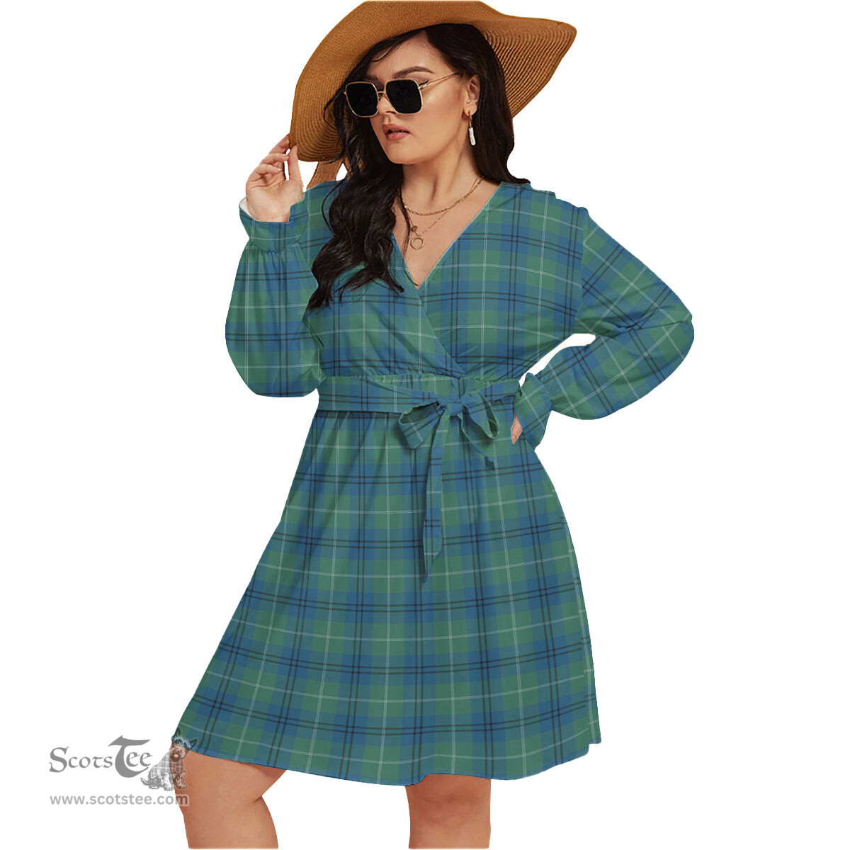 Scottish Oliphant Ancient Clan Tartan Womens V-neck Dress With Waistband Tartan Dress Plus Size