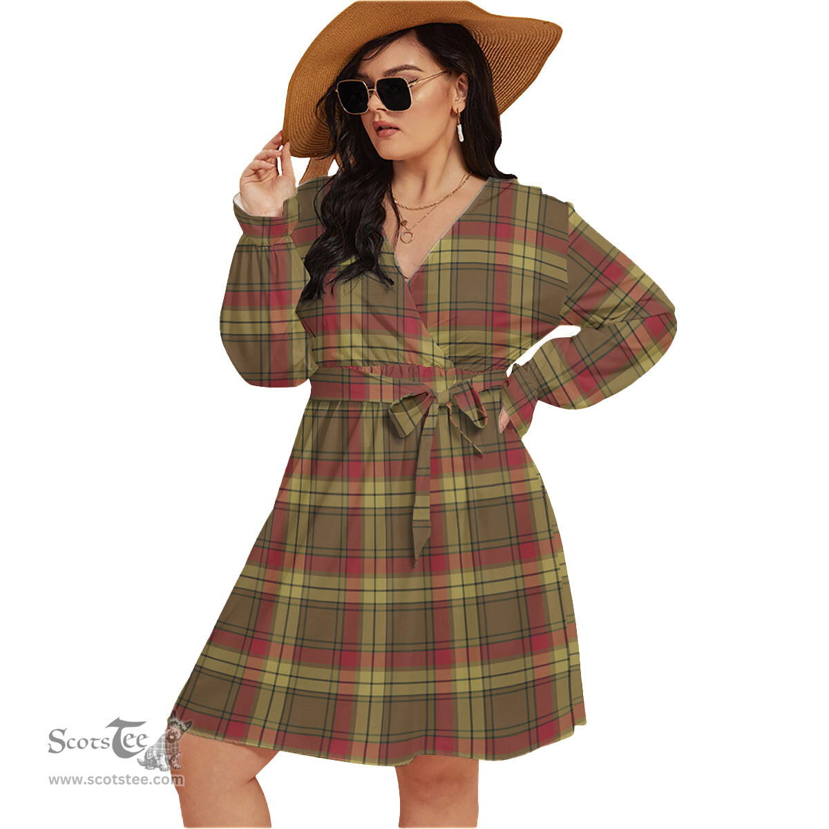 Scottish MacMillan Old Weathered Clan Tartan Womens V-neck Dress With Waistband Tartan Dress Plus Size