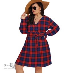 Scottish MacLachlan Modern Clan Tartan Womens V-neck Dress With Waistband Tartan Dress Plus Size