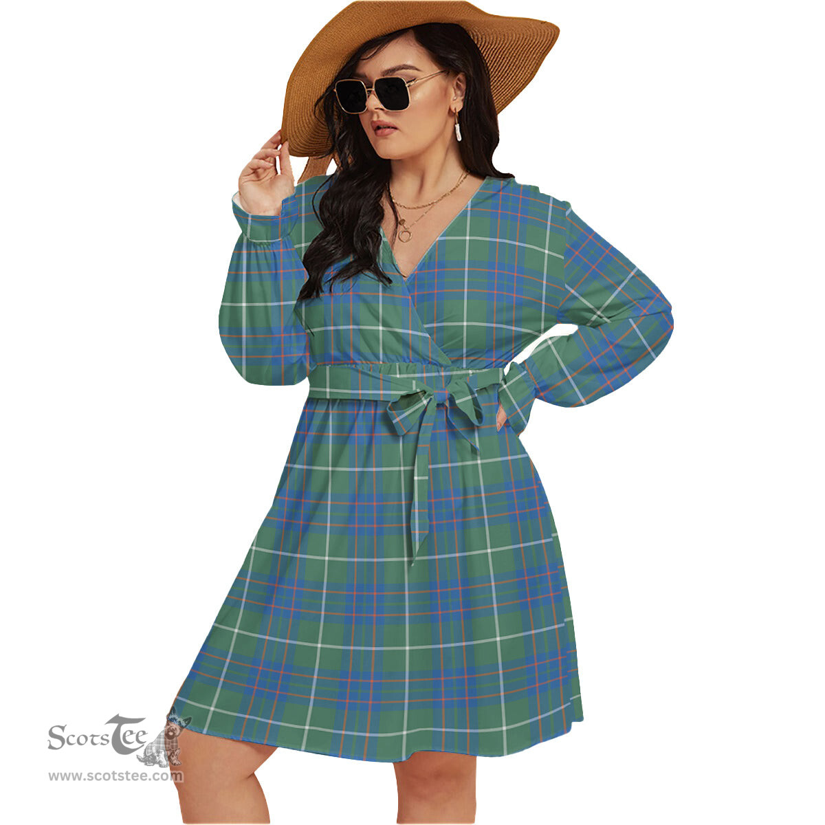 Scottish MacIntyre Hunting Ancient Clan Tartan Womens V-neck Dress With Waistband Tartan Dress Plus Size