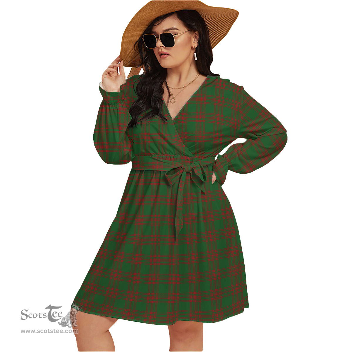Scottish Menzies Clan Tartan Womens V-neck Dress With Waistband Tartan Dress Plus Size